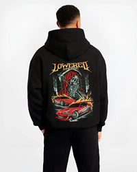 Black hoodie worn by a male model, back view, featuring rs racing drift lowered street performance motorsport automotive graphic.