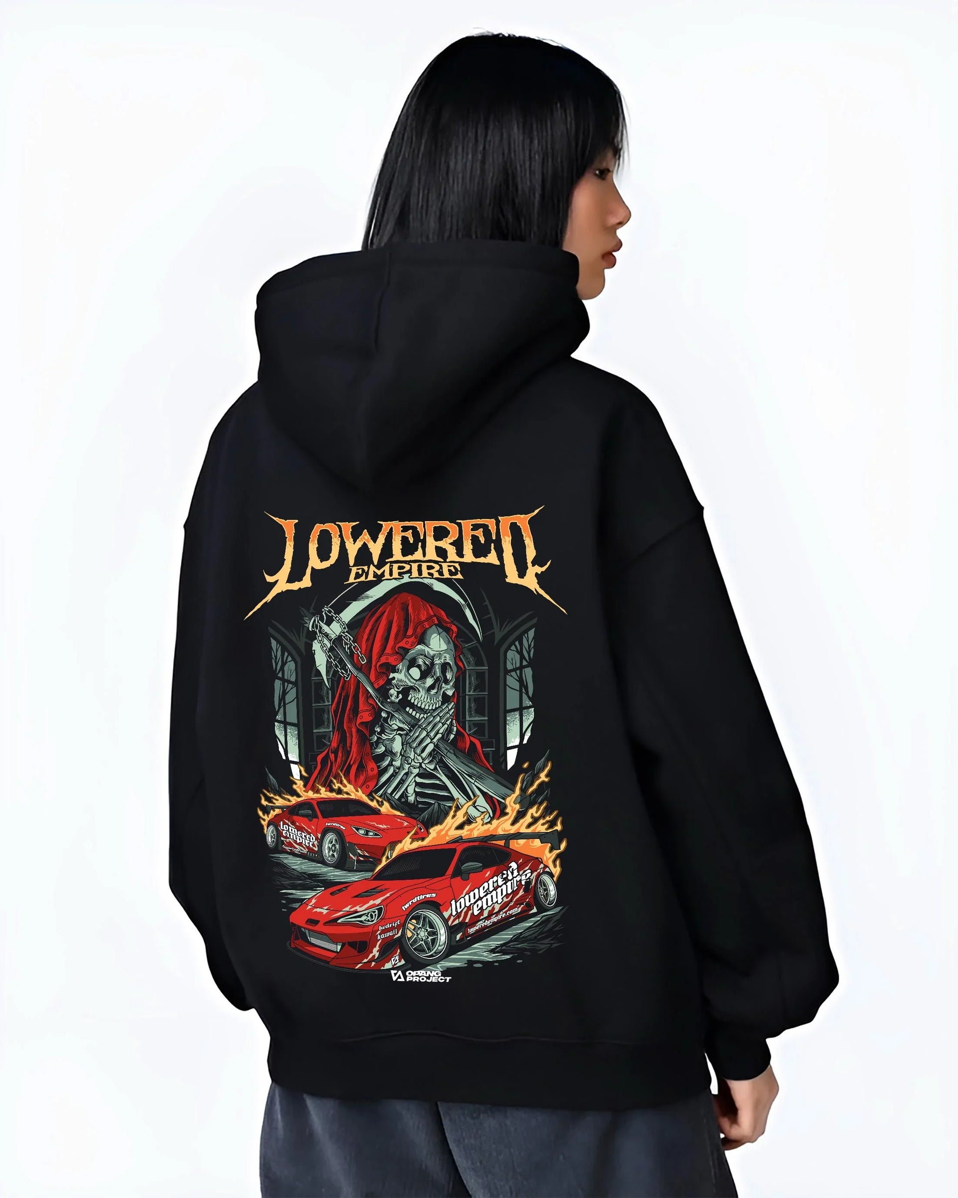 Black hoodie worn by a female model, back view, featuring rs racing drift lowered street performance motorsport automotive graphic.