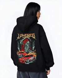 Black hoodie worn by a female model, back view, featuring rs racing drift lowered street performance motorsport automotive graphic.