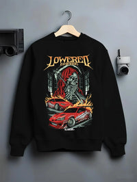 Black crewneck sweatshirt on a hanger against a grey wall, featuring rs racing drift lowered street performance motorsport graphic.
