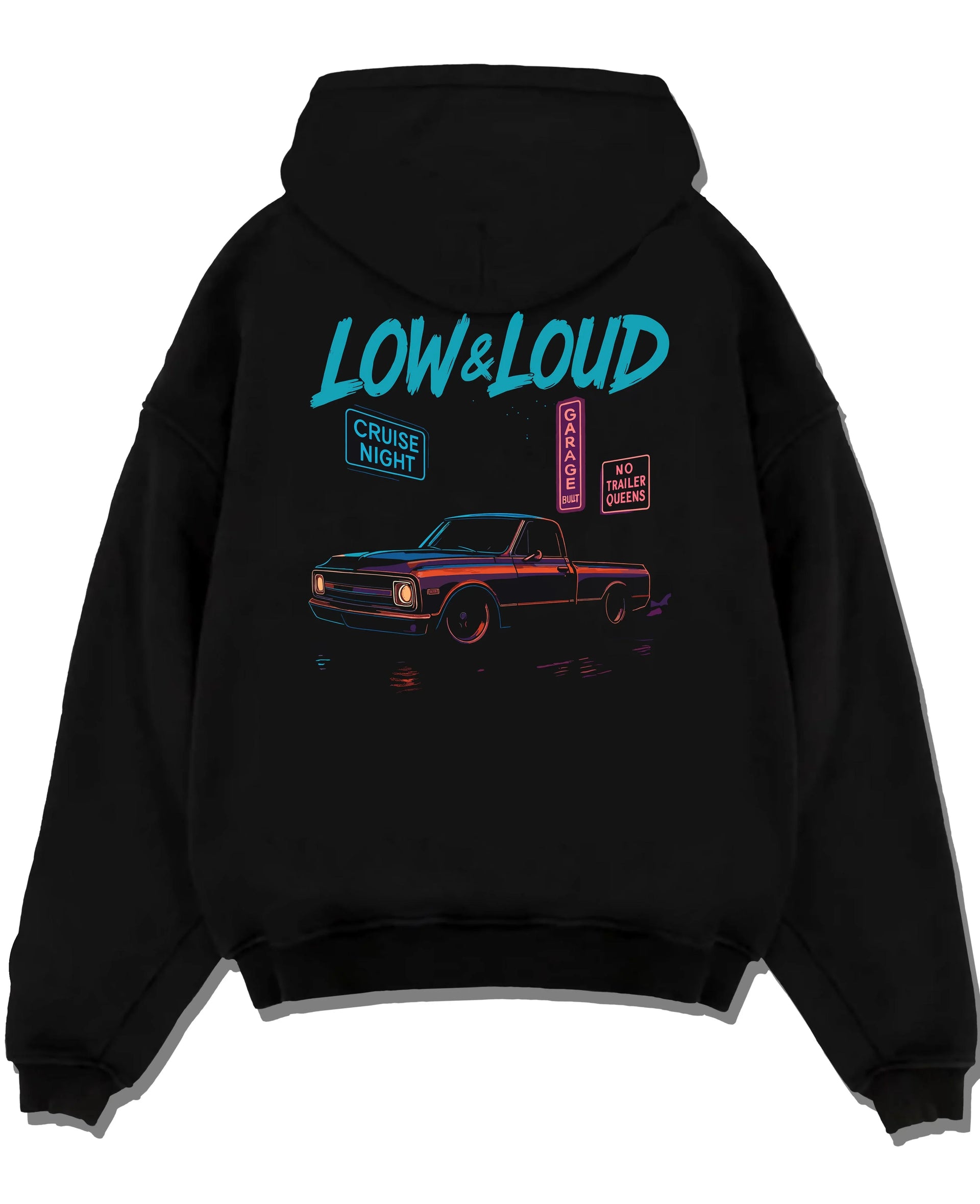 Black pullover hoodie laid flat on a white background, featuring street retro classic racing performance motorsport graphic.