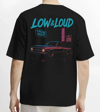 Black T-shirt worn by a male model, back view, featuring street retro classic racing performance motorsport automotive graphic.