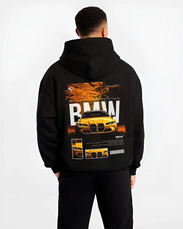 Black hoodie worn by a male model, back view, featuring BMW M4 racing drift street performance motorsport automotive graphic.