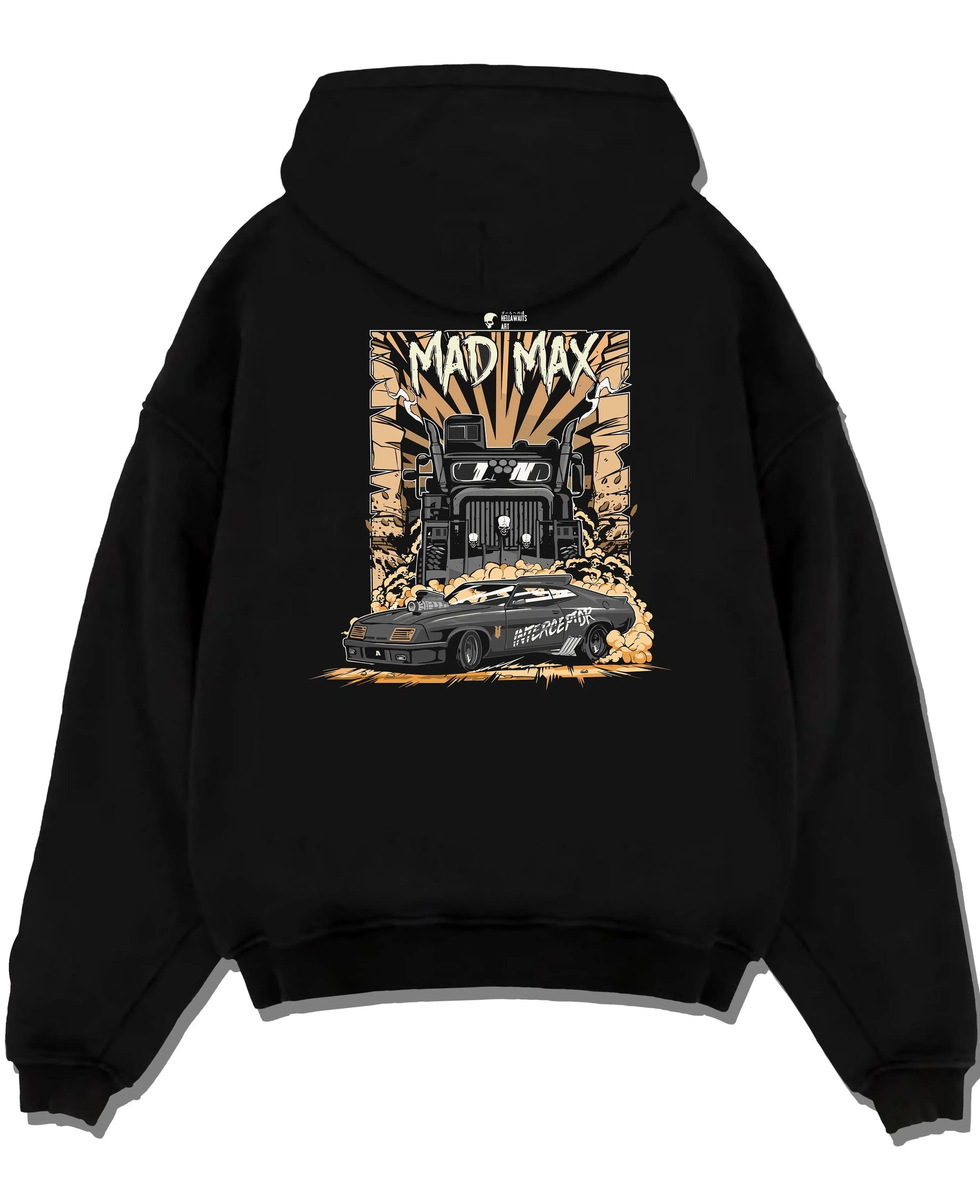 Black pullover hoodie laid flat on a white background, featuring enthusiast racing street performance motorsport automotive madmx.