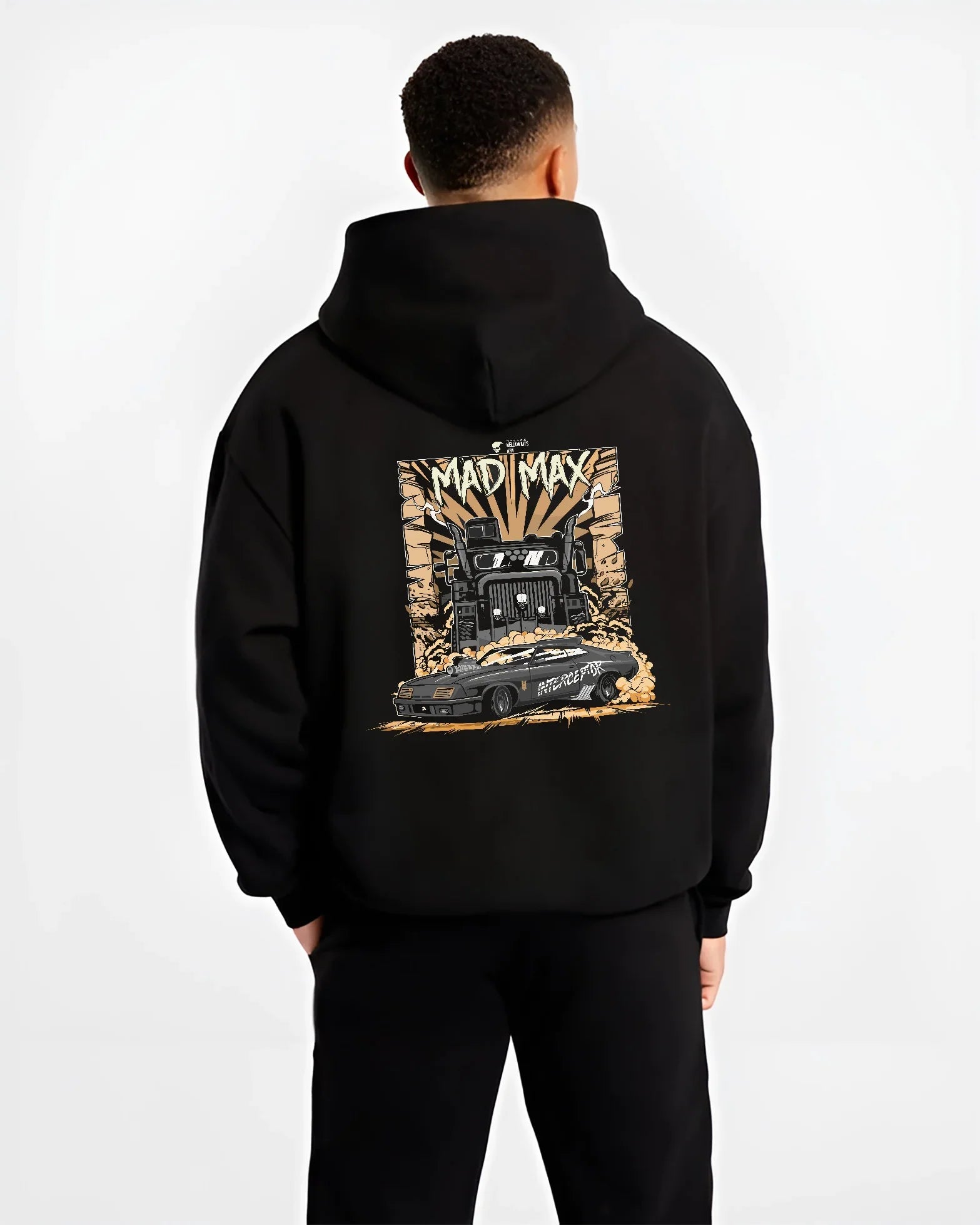Black hoodie worn by a male model, back view, featuring enthusiast racing street performance motorsport automotive power madmx.