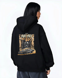 Black hoodie worn by a female model, back view, featuring enthusiast racing street performance motorsport automotive power madmx.