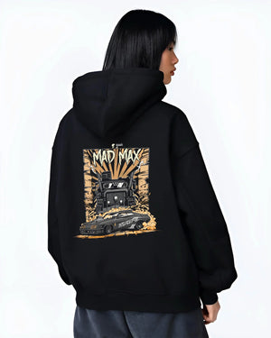 Black hoodie worn by a female model, back view, featuring enthusiast racing street performance motorsport automotive power madmx.