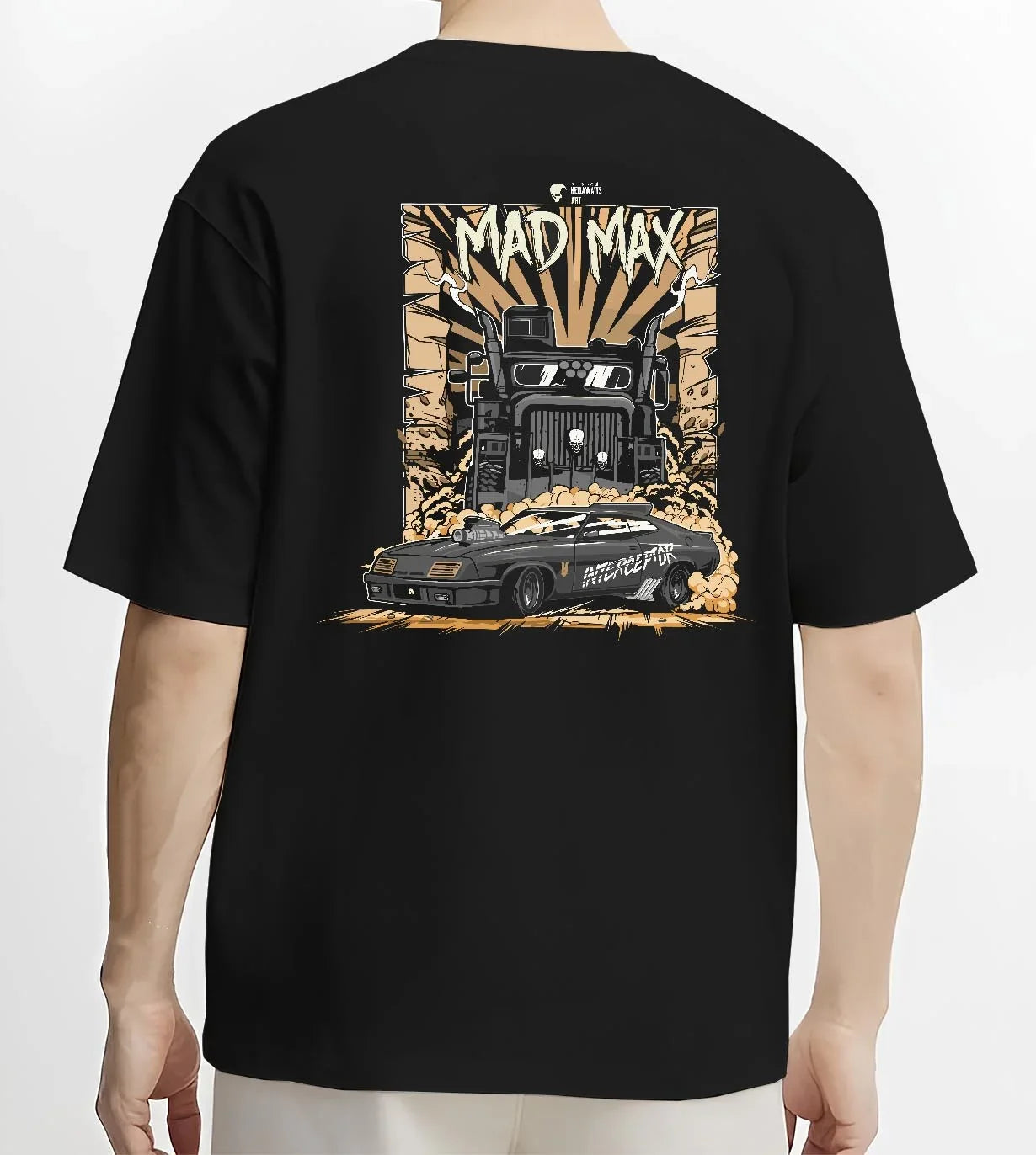 Black T-shirt worn by a male model, back view, featuring enthusiast racing street performance motorsport automotive power madmx.