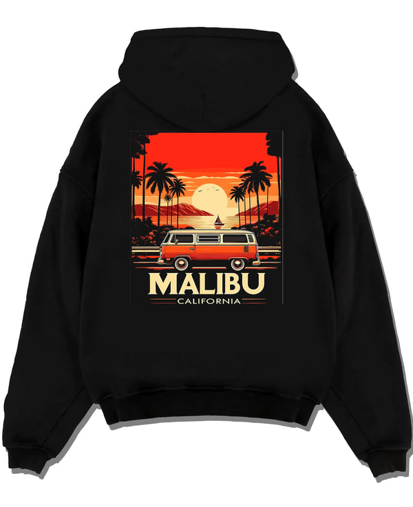 Black pullover hoodie laid flat on a white background, featuring retro vintage racing street performance motorsport graphic.