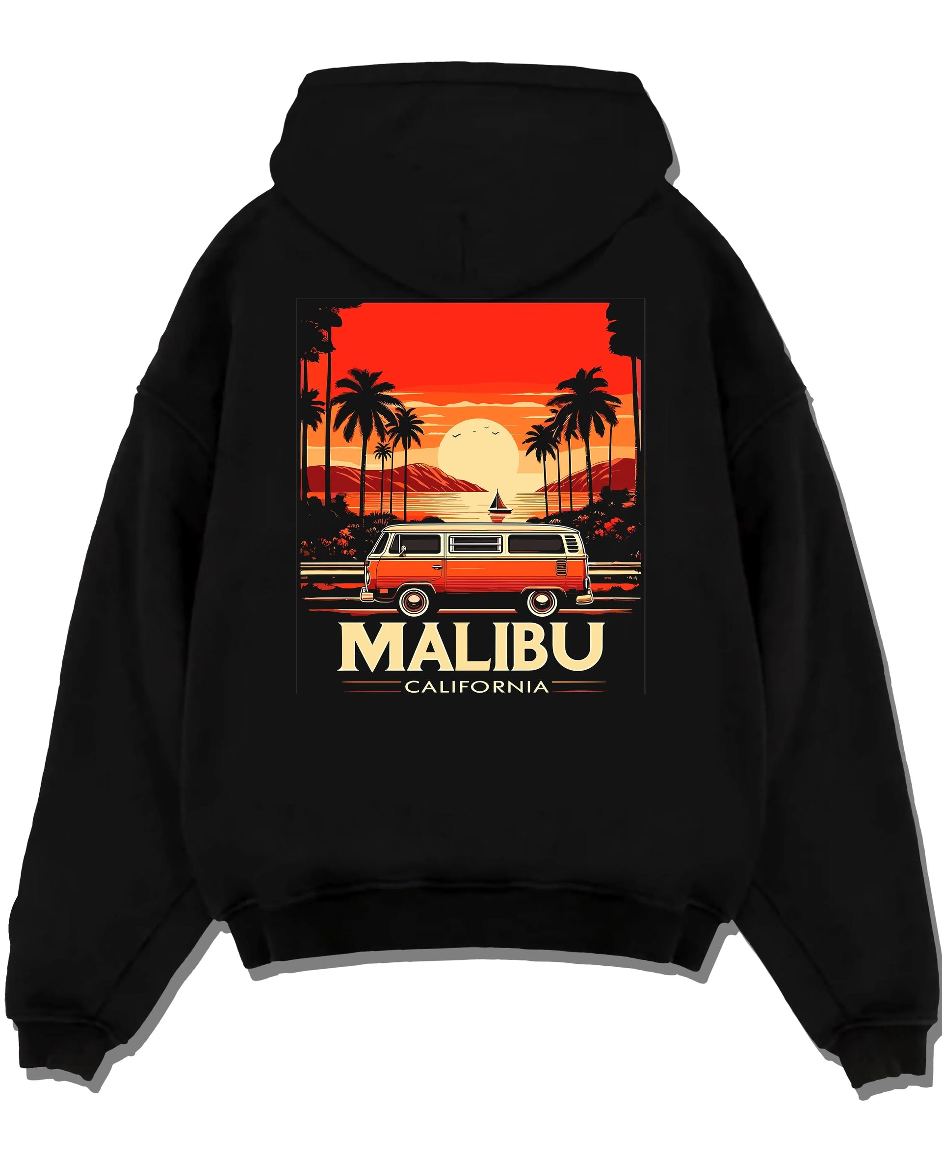 Black pullover hoodie laid flat on a white background, featuring retro vintage racing street performance motorsport graphic.