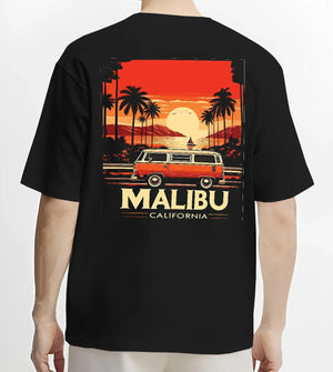 Black T-shirt worn by a male model, back view, featuring retro vintage racing street performance motorsport automotive graphic.