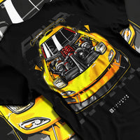 Black T-shirt laid flat with natural fabric folds, featuring RX-7 rx 7 racing drift jdm japanese street enthusiast graphic.