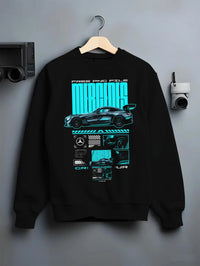 Black crewneck sweatshirt on a hanger against a grey wall, featuring Mercedes-Benz AMG gt3 rs racing motorsport street graphic.