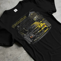 Black T-shirt laid flat with natural fabric folds, featuring SKYLINE street retro racing performance motorsport automotive graphic.