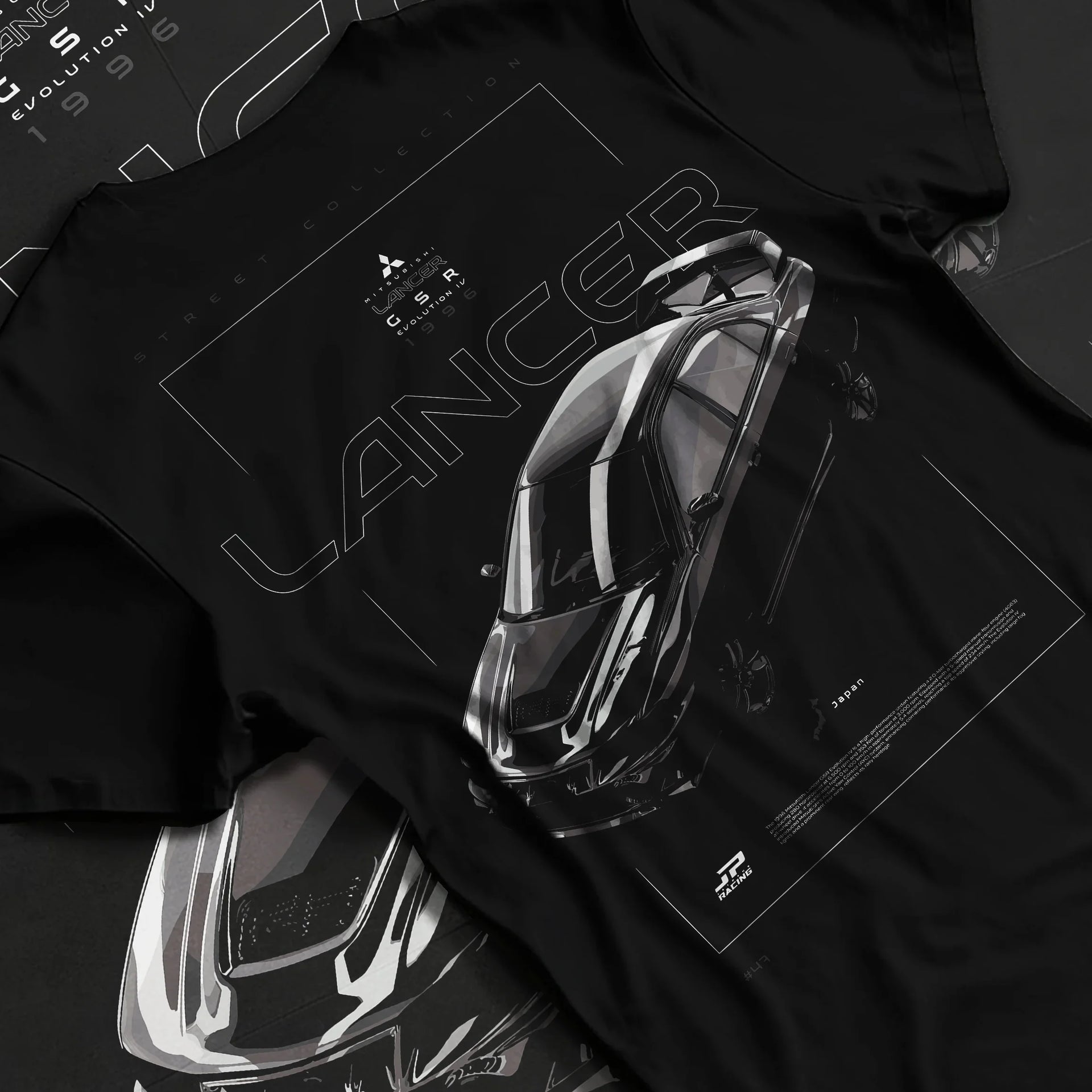 Black T-shirt laid flat with natural fabric folds, featuring Mitsubishi Lancer evo turbo racing drift jdm japanese street graphic.