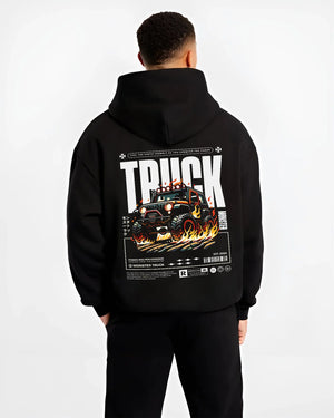 Black hoodie worn by a male model, back view, featuring rs racing drift motorsport jdm tuner street monster graphic.