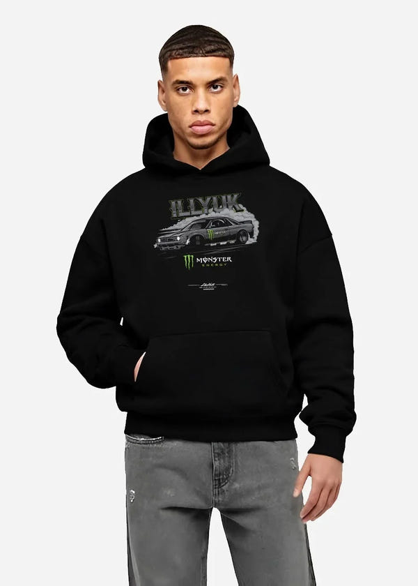 Black hoodie worn by a male model, front view, featuring rs turbo racing drift motorsport tuner street monster graphic.