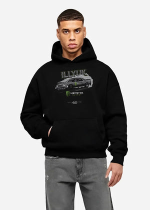 Black hoodie worn by a male model, front view, featuring rs turbo racing drift motorsport tuner street monster graphic.