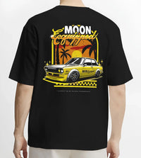 Black T-shirt worn by a male model, back view, featuring jdm japanese retro vintage racing street performance motorsport graphic.