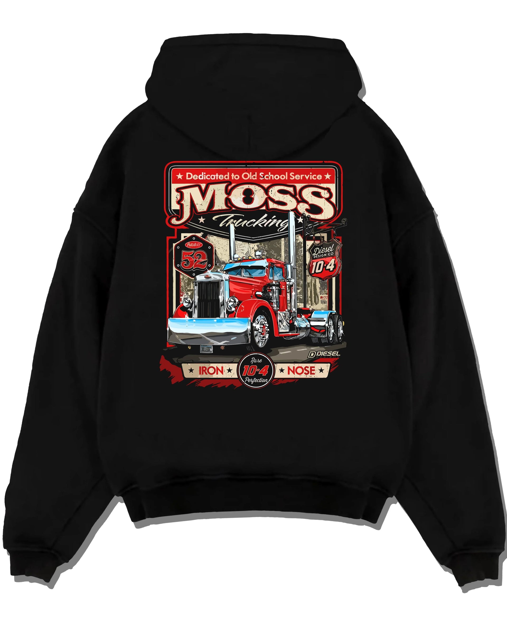 Black pullover hoodie laid flat on a white background, featuring american retro vintage racing street performance graphic.