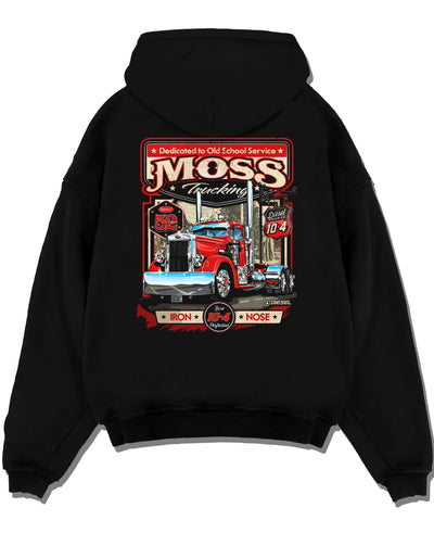 Black pullover hoodie laid flat on a white background, featuring american retro vintage racing street performance graphic.