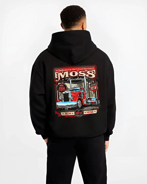 Black hoodie worn by a male model, back view, featuring american retro vintage racing street performance motorsport graphic.