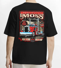 Black T-shirt worn by a male model, back view, featuring american retro vintage racing street performance motorsport graphic.