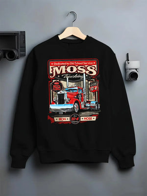 Black crewneck sweatshirt on a hanger against a grey wall, featuring american retro vintage racing street performance graphic.