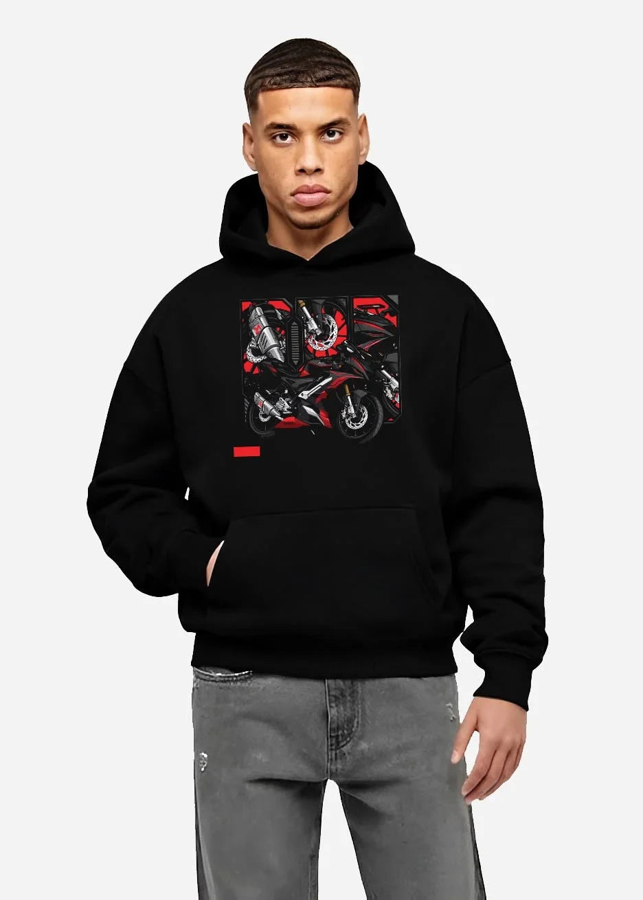 Black hoodie worn by a male model, front view, featuring rs speed enthusiast racing street performance motorsport graphic.