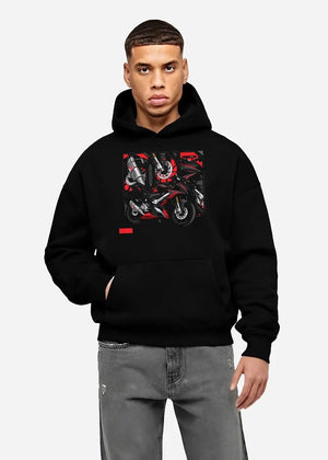 Black hoodie worn by a male model, front view, featuring rs speed enthusiast racing street performance motorsport graphic.