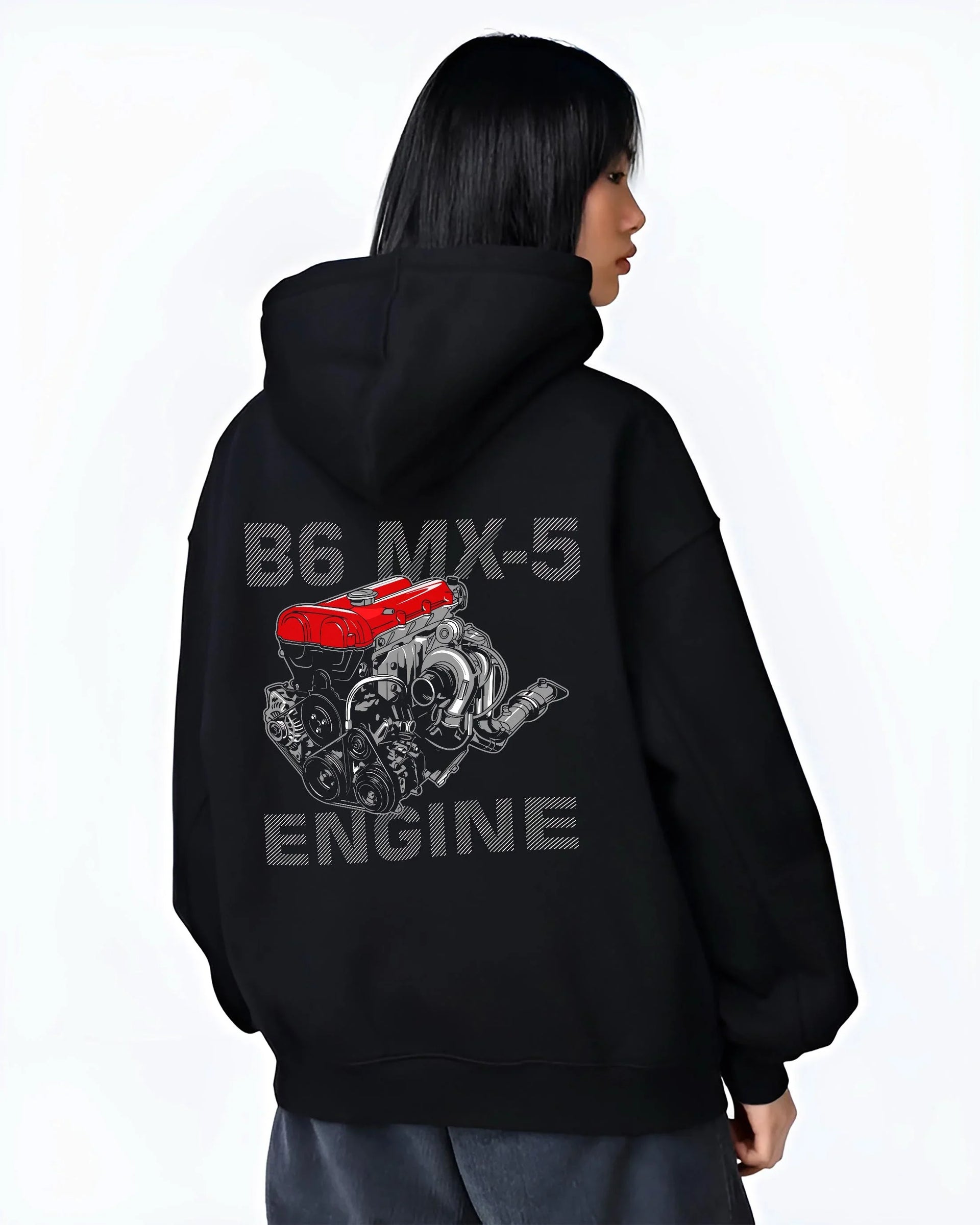 Black hoodie worn by a female model, back view, featuring Mazda MX-5 jdm tuner street racing performance motorsport graphic.
