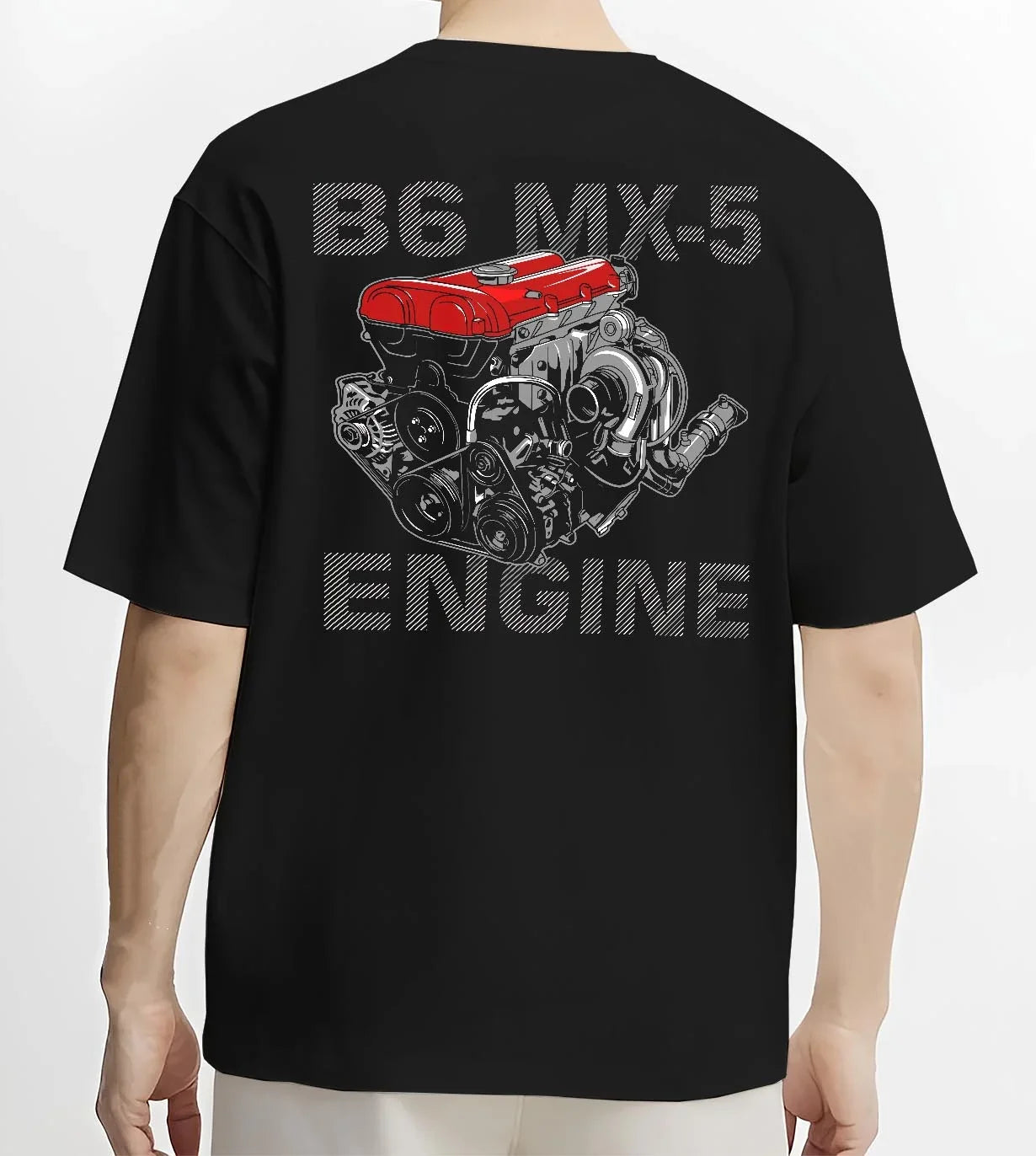 Black T-shirt worn by a male model, back view, featuring Mazda MX-5 jdm tuner street racing performance motorsport graphic.