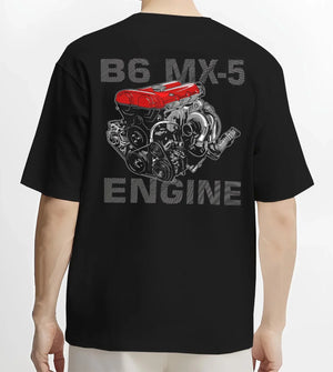 Black T-shirt worn by a male model, back view, featuring Mazda MX-5 jdm tuner street racing performance motorsport graphic.