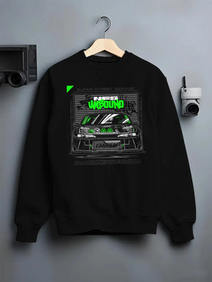 Black crewneck sweatshirt on a hanger against a grey wall, featuring rs race drift motorsport need for speed street speed graphic.