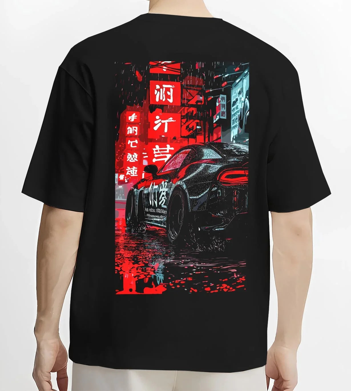 Black T-shirt worn by a male model, back view, featuring racing drift jdm japanese street enthusiast performance motorsport graphic.