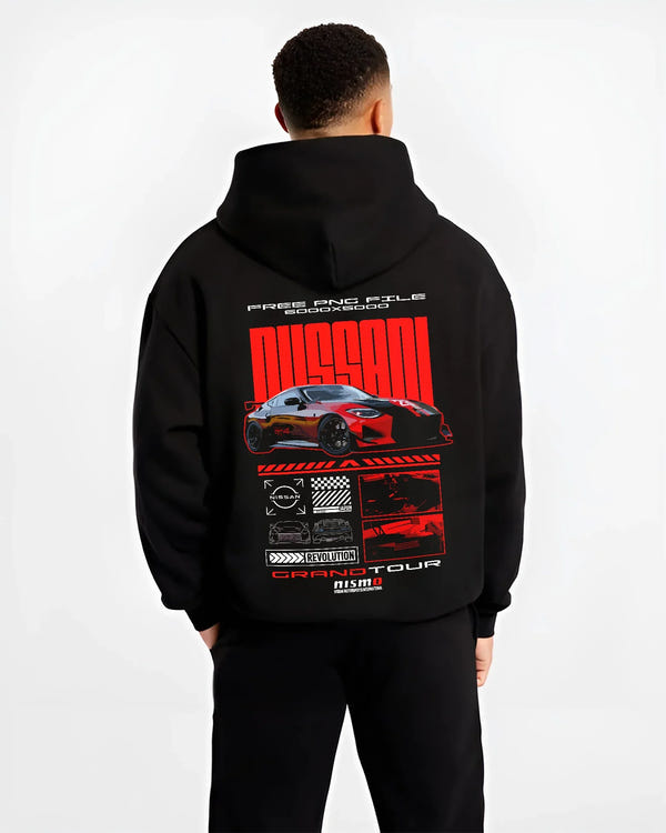 Black hoodie worn by a male model, back view, featuring Nissan Skyline rs turbo racing drift motorsport jdm japanese street graphic.