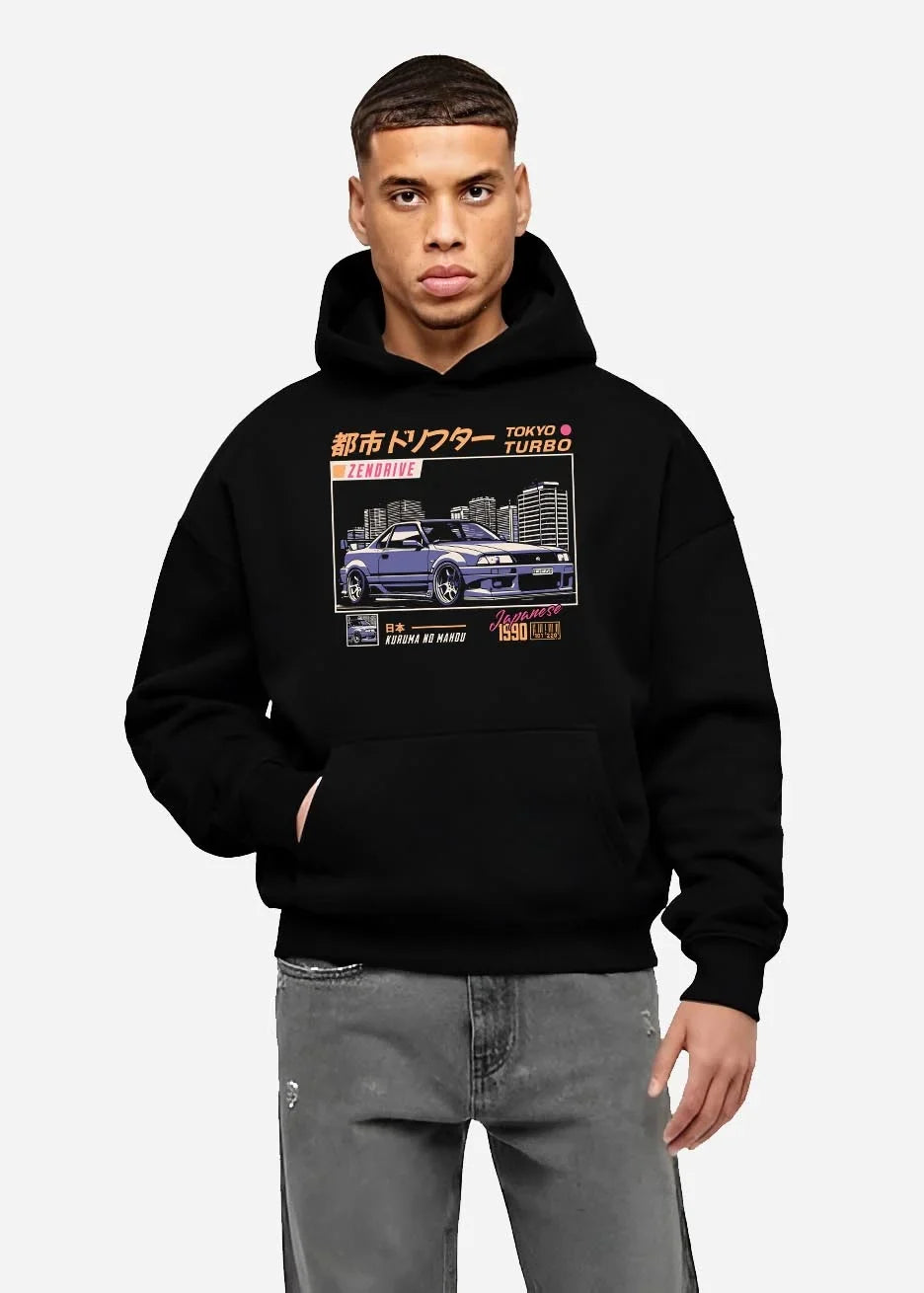 Black hoodie worn by a male model, front view, featuring Nissan turbo turbocharged racing drift jdm japanese street classic graphic.