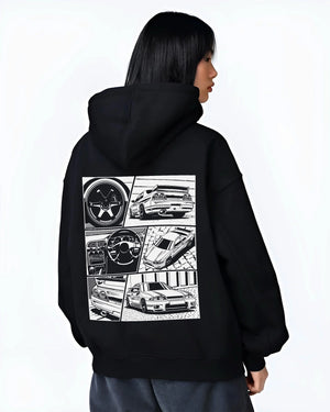 Black hoodie worn by a female model, back view, featuring Nissan Silvia S14 silvia turbo turbocharged racing drift jdm graphic.