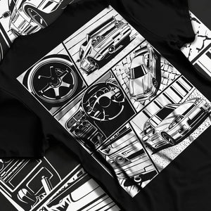 Black T-shirt laid flat with natural fabric folds, featuring Nissan Silvia S14 silvia turbo turbocharged racing drift jdm graphic.