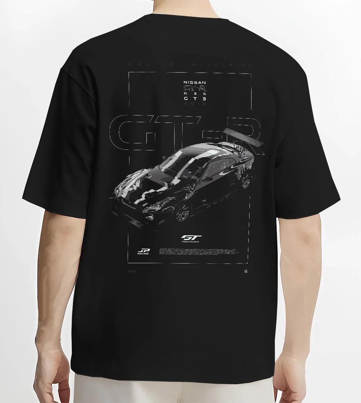 Black T-shirt worn by a male model, back view, featuring Nissan FAIRLADY turbo turbocharged drift jdm japanese tuner street graphic.