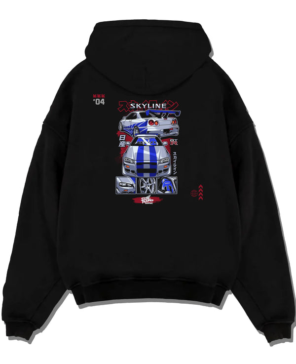Black pullover hoodie laid flat on a white background, featuring Nissan Skyline R34 gt r r34 skyline drift jdm racing graphic.