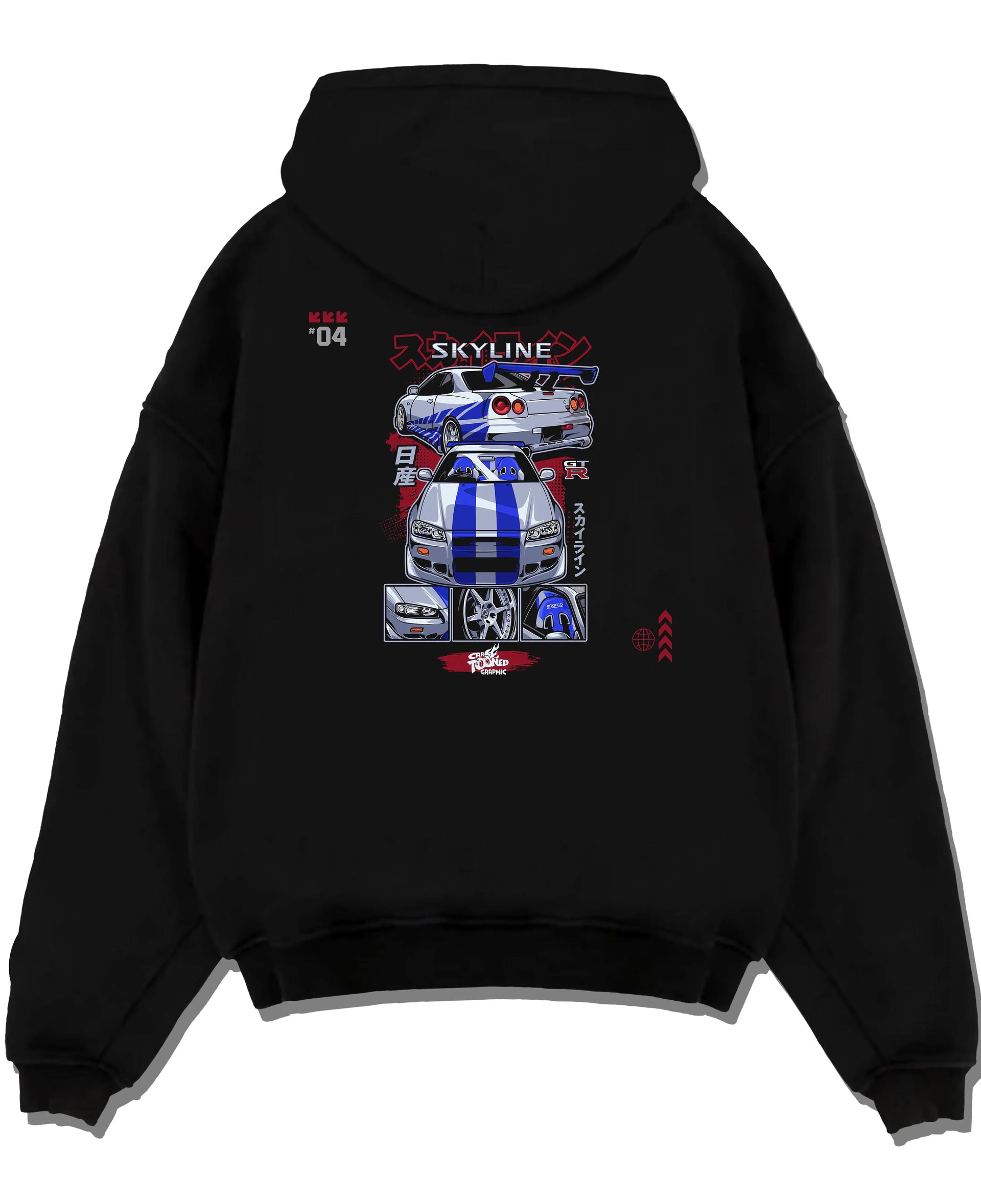 Black pullover hoodie laid flat on a white background, featuring Nissan Skyline R34 gt r r34 skyline drift jdm racing graphic.