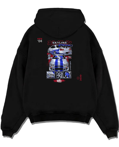 Black pullover hoodie laid flat on a white background, featuring Nissan Skyline R34 gt r r34 skyline drift jdm racing graphic.