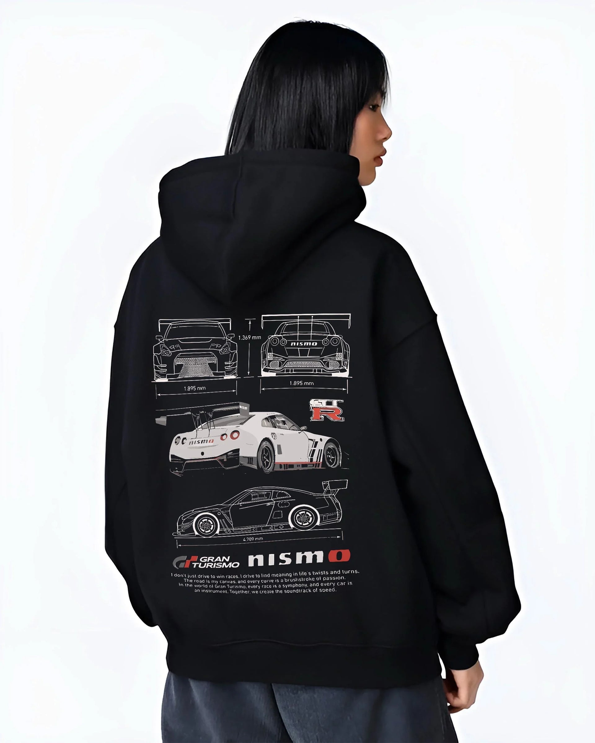 Black hoodie worn by a female model, back view, featuring Nissan GT-R gt r gran turismo legend racing street performance graphic.
