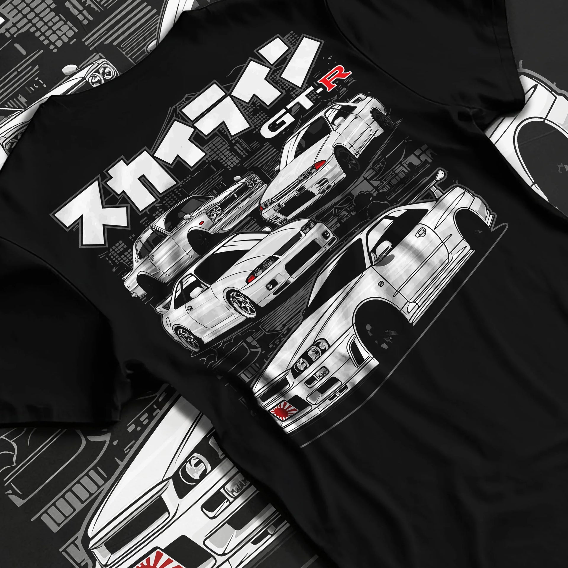 Black T-shirt laid flat with natural fabric folds, featuring EVO racing drift jdm stance slammed street performance graphic.