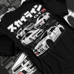 Black T-shirt laid flat with natural fabric folds, featuring EVO racing drift jdm stance slammed street performance graphic.