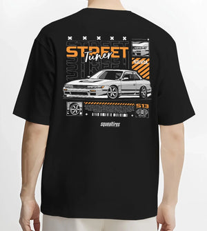Black T-shirt worn by a male model, back view, featuring Nissan Silvia S15 silvia turbo turbocharged racing drift jdm graphic.