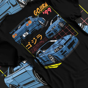 Black T-shirt laid flat with natural fabric folds, featuring Nissan Silvia S13 silvia turbo racing drift jdm japanese tuner graphic.