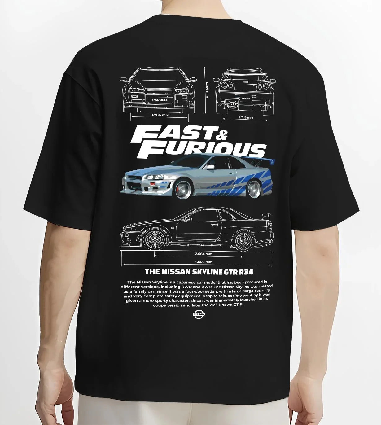 Black T-shirt worn by a male model, back view, featuring Nissan Skyline R32 r32 skyline turbo racing drift jdm japanese graphic.