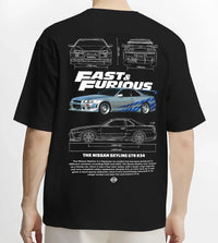 Black T-shirt worn by a male model, back view, featuring Nissan Skyline R32 r32 skyline turbo racing drift jdm japanese graphic.